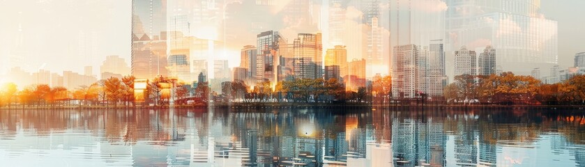 Naklejka premium Cityscape Reflections - A breathtaking view of a modern cityscape reflected in the tranquil waters of a lake. The buildings stand tall and proud, their reflections creating a mesmerizing double image 