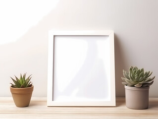 Minimalist frame mockup with two succulents on a wooden surface, perfect for art or photo display.