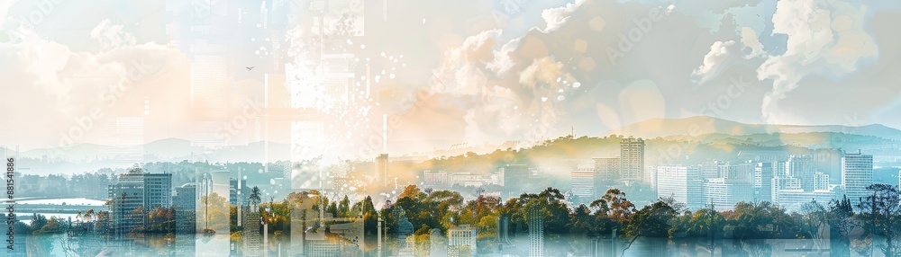 Aufkleber cityscape with misty mountains and reflected clouds - a panoramic view of a city with misty mountain