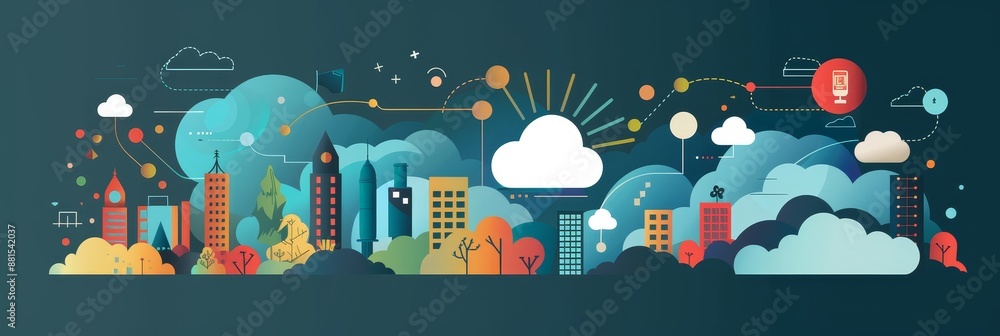 Poster cloud computing and cityscape - illustration of a city skyline with clouds representing cloud comput