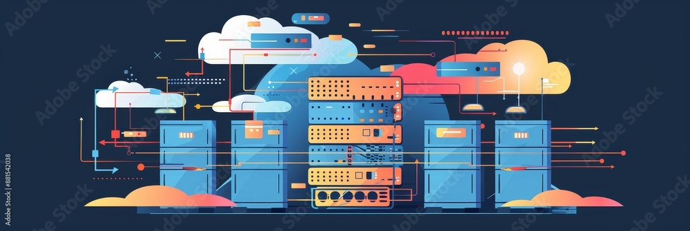 Poster cloud computing and data center illustration - illustration of cloud computing, showcasing servers, 