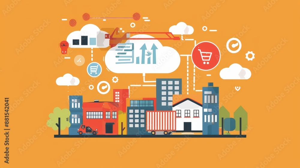 Poster cloud computing and cityscape - an illustration depicting the concept of cloud computing with a city