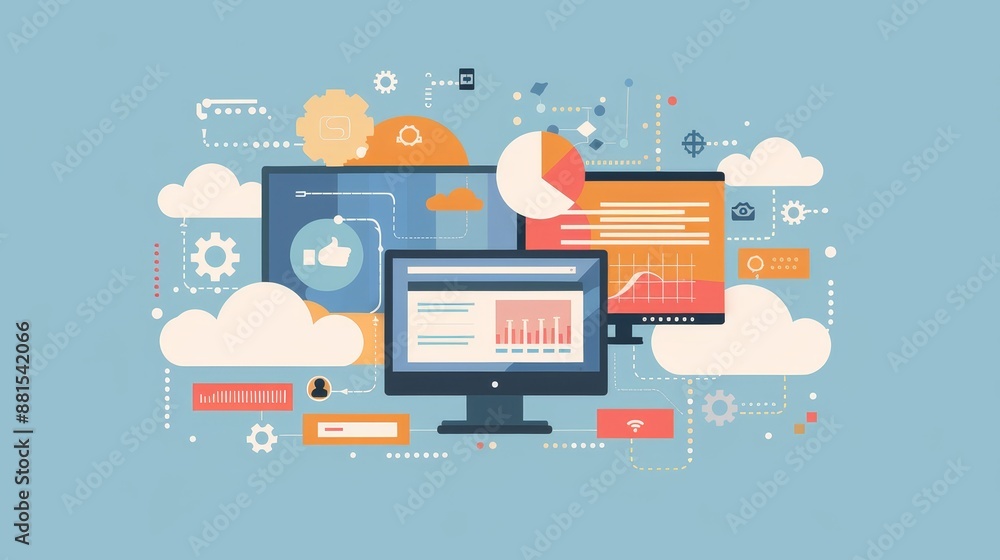 Poster cloud computing and digital technology illustration - a digital illustration of cloud computing and 