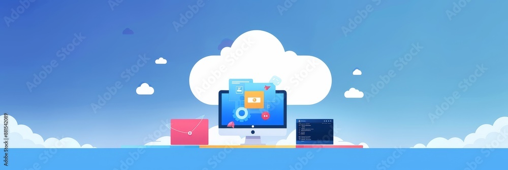 Poster cloud computing and technology - illustration of cloud computing with computer and other devices - i