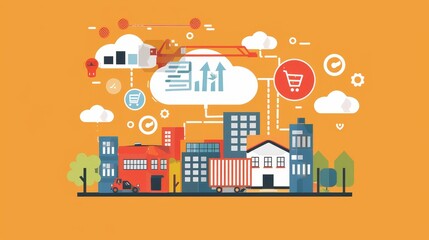 Cloud Computing and Cityscape - An illustration depicting the concept of cloud computing with a city skyline in the background and various cloud-related icons. - An illustration depicting the concept 