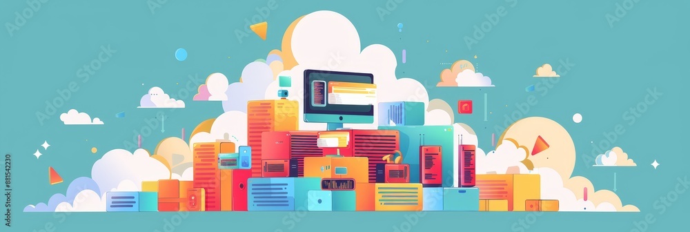 Poster cloud computing: servers, data and technology - illustration representing the concept of cloud compu