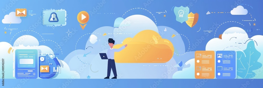 Poster cloud computing: man presenting cloud technology with laptop and icons - a man standing in front of 