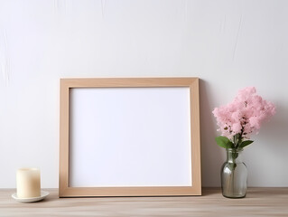Minimalistic decor with a blank wooden frame, white candle, and pink flower bouquet on a wooden surface.