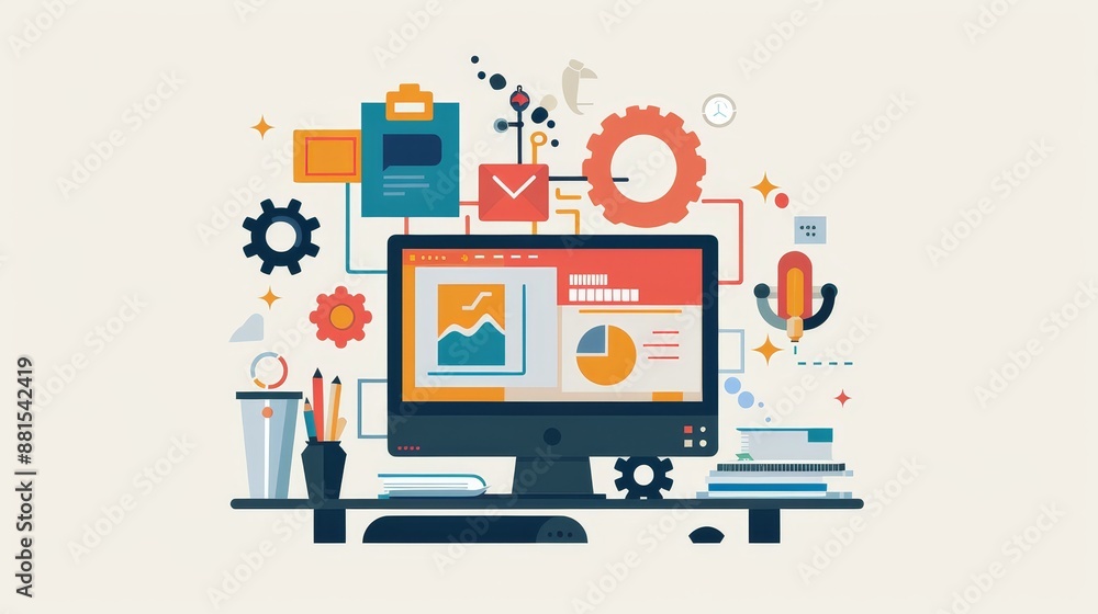 Poster computer workplace illustration - illustration of a modern workplace with a computer, desk, and vari