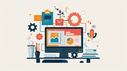 Computer Workplace Illustration - Illustration of a modern workplace with a computer, desk, and various digital elements representing the workflow and processes of business and technology. - Illustrat