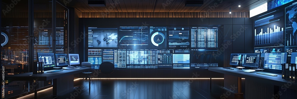 Poster cyber security monitoring room - a futuristic cybersecurity monitoring room with multiple screens di