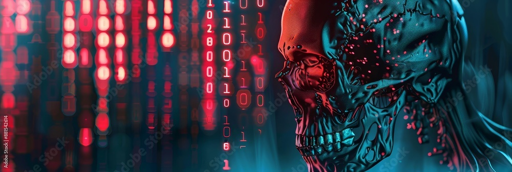 Aufkleber cyber skull - digital danger - a skull composed of metal and digital code, glowing against a backdro