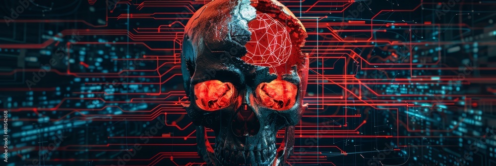 Poster cyber skull: artificial intelligence and mortality - a skull with glowing red eyes in a cyberpunk st