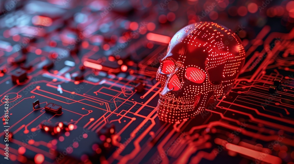 Poster cyber skull on circuit board - a glowing red skull on a circuit board. cyber security concept. - a g