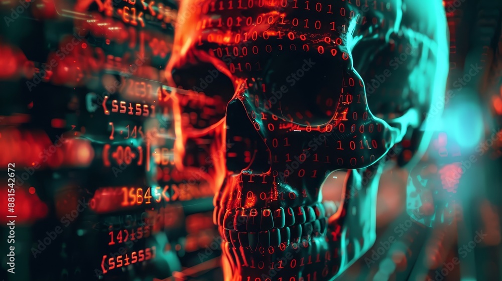 Poster cyber skull - digital death - a digital skull with binary code, symbolizing the digital threat. - a 