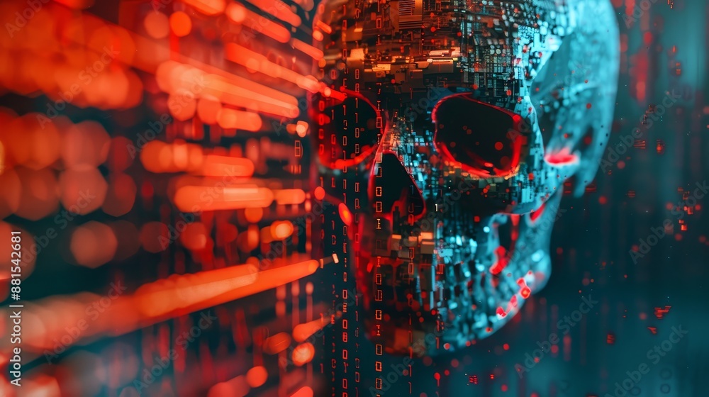 Poster cyber skull: digital death and data - a digital skull composed of binary code and circuit board elem