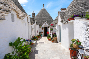 Colorful flowers in front of traditional trulli house in Alberobello Italy
