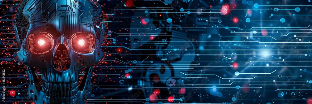 Aufkleber cybernetic skull - a robotic skull with red glowing eyes against a blue circuit board background - a