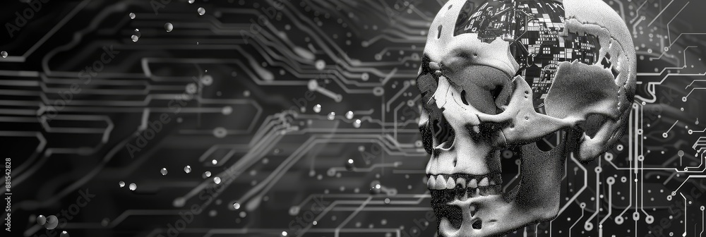 Poster cybernetic skull: a fusion of flesh and technology - a skull with a digital circuit board pattern em