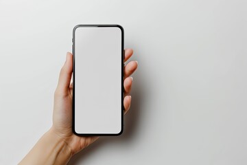 Smartphone mockup on hand with white blank screen created with Generative AI