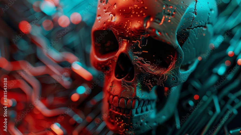 Poster cyberpunk skull - a skull with circuit board patterns on its surface, glowing in red and blue light,