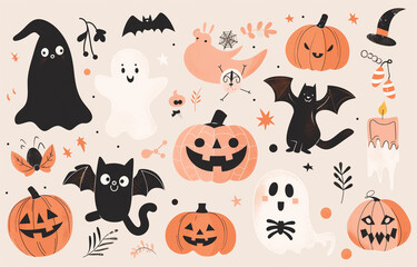Halloween Elements, Halloween clipart,A collection of Halloween elements combined with ghosts, bats, pumpkins and more