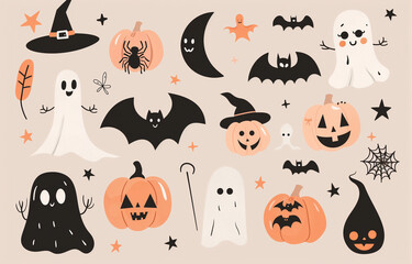 Halloween Elements, Halloween clipart,A collection of Halloween elements combined with ghosts, bats, pumpkins and more