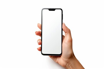 Smartphone mockup on hand with white blank screen created with Generative AI
