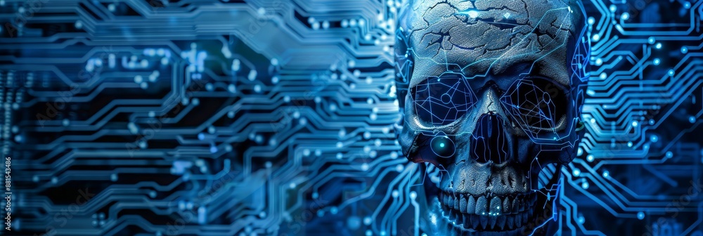 Poster digital skull on circuit board background - a digital skull superimposed on a circuit board backgrou