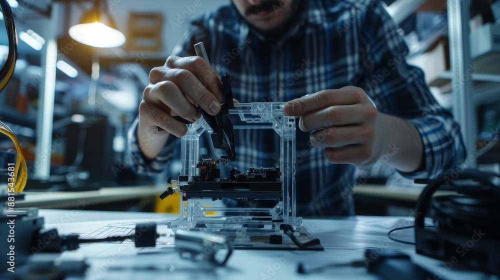 Poster Electronics Engineer Assembling Device - A man working on assembling a new electronics device. - A man working on assembling a new electronics device.