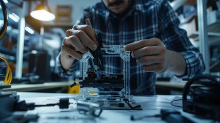 Fototapeta na wymiar Electronics Engineer Assembling Device - A man working on assembling a new electronics device. - A man working on assembling a new electronics device.