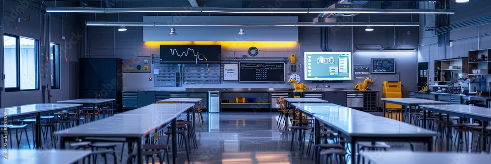 Poster empty modern classroom with tables and chairs - a large, empty modern classroom with long tables and