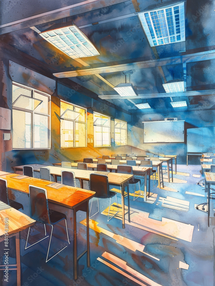 Poster Empty Classroom with Sunlight Streaming Through Windows - An empty classroom painted in watercolor with sunlight streaming through the windows illuminating the desks and chairs. - An empty classroom p