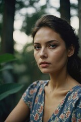Fototapeta premium Pensive portrait of a woman wearing a floral dress, set against a lush outdoor background with soft, natural light. 