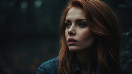 Fototapeta premium Moody portrait of a red-haired woman with a contemplative expression, set against a dark, natural outdoor background. 