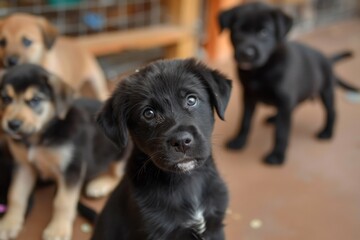 Black Labrador Puppy Looking Upwards Inside a Shelter