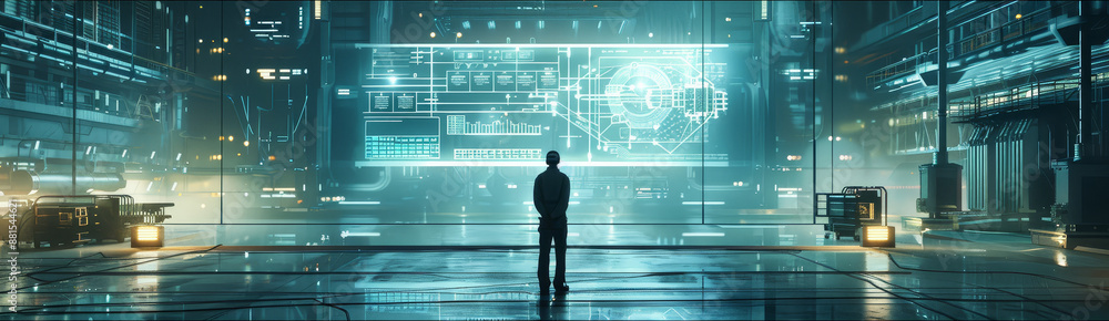 Poster futuristic control room - a solitary figure observes complex data visualizations on a massive screen