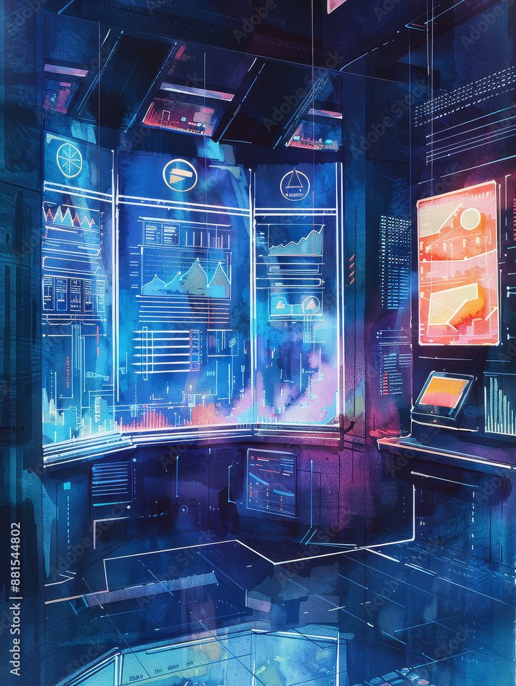 Poster futuristic control room with neon lights - a futuristic control room with neon lights and digital in