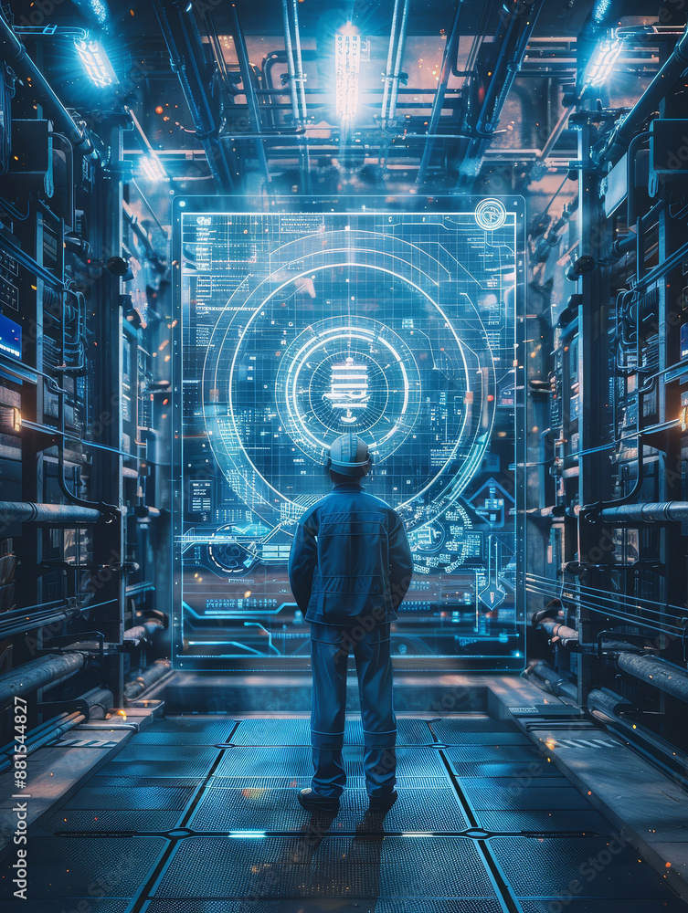 Aufkleber futuristic industrial worker monitoring data display - a lone worker stands in a futuristic industri