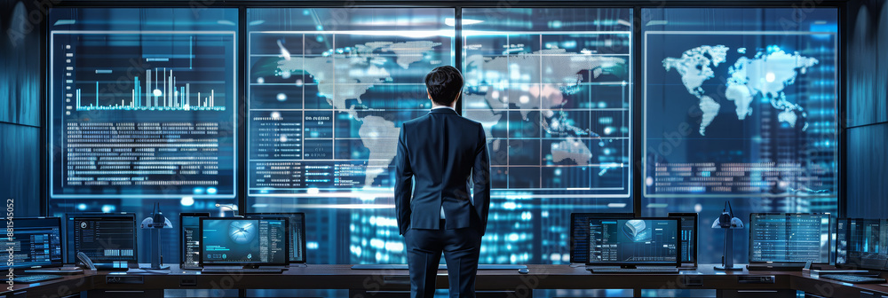 Poster global data monitoring and analysis - a businessman stands in front of a large monitor displaying gl