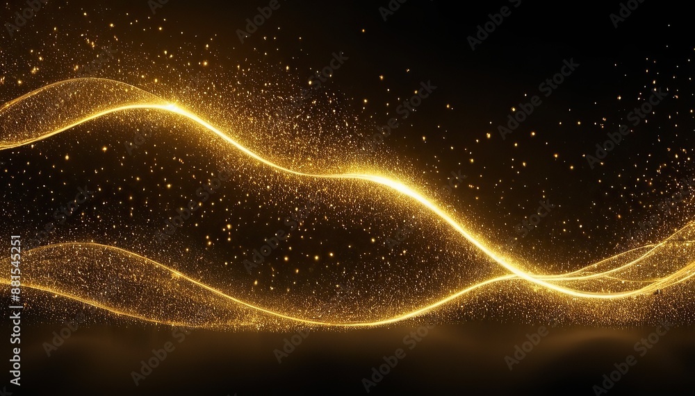 Poster digital gold particles wave and light abstract background with shining dots and stars. abstract wall