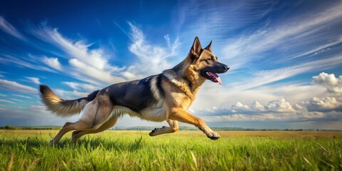 Energetic German Shepherd Running Outdoors Under Blue Sky  Ideal for Print, Posters, Cards