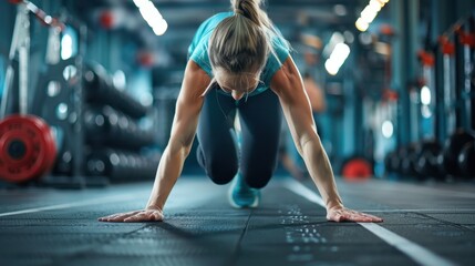 Woman doing cardio fitness exercises or stretching up before the lifting workout at the gym. Hands-on the floor and running motion view from the front low angle shot.