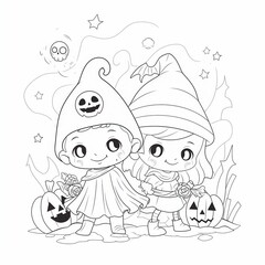 Kawaii halloween day kids coloring page vector, blank printable design for children to fill in --ar 1:1 --niji 5 Job ID: 4ab71cde-139a-47d8-b843-7b34ba51567e