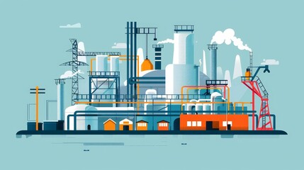 Industrial Complex Illustration - A vector illustration of an industrial complex with multiple buildings, machinery, and pipes, signifying industrial production and technology. - A vector illustration