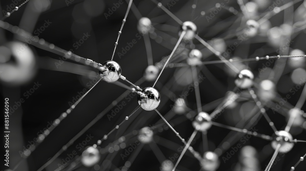 Poster interconnected spheres - a close-up of a web of interconnected spheres, creating a visual representa