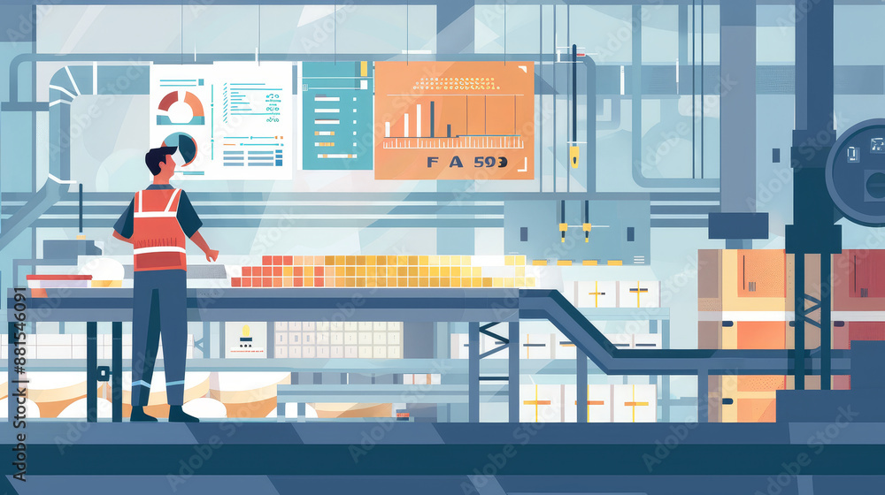 Poster industrial worker in a factory setting - a worker in a factory setting, overseeing the production pr