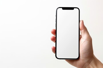 Smartphone mockup on hand with white blank screen created with Generative AI