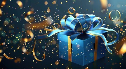 Blue unveiled a vivid 3D gift box adorned with an enchanting shimmer and golden streamers elegantly drifting from its lid, offering a canvas for your personalized text in vector illustration form.
