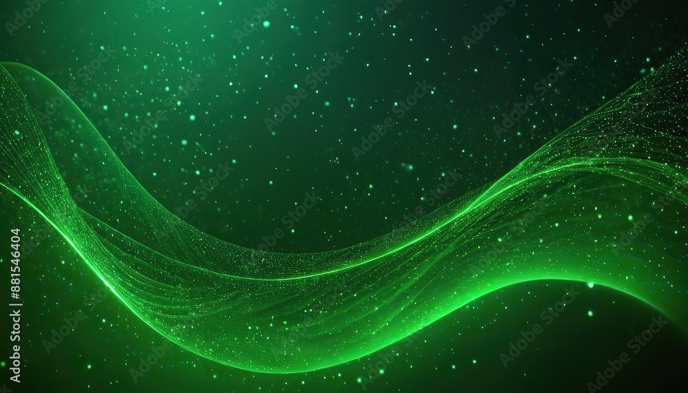 Wall mural digital green particles wave and light abstract background with shining dots and stars. abstract wal